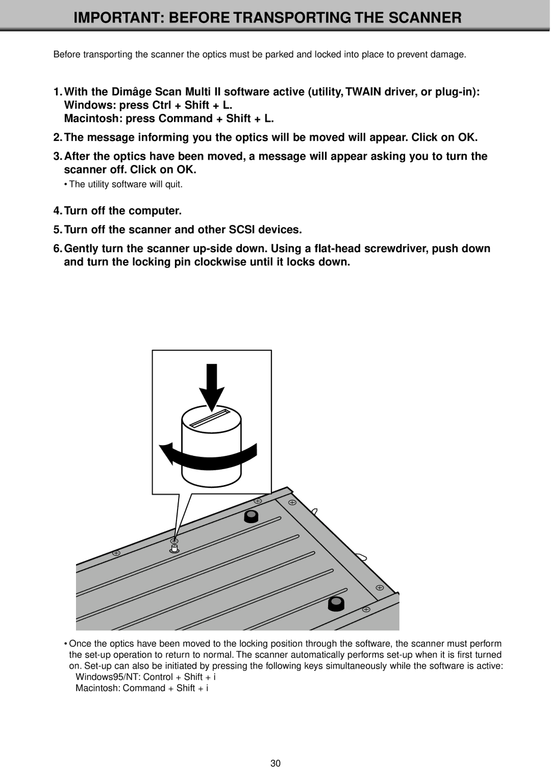 Konica Minolta II manual Important Before Transporting the Scanner 