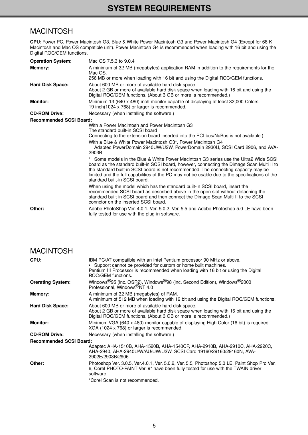 Konica Minolta II manual System Requirements, Macintosh 