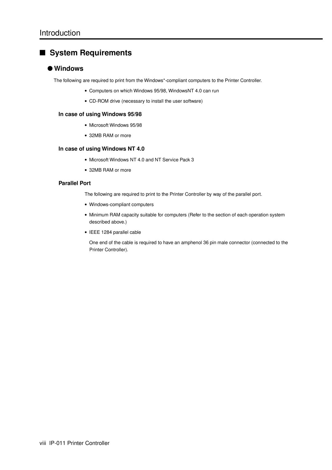 Konica Minolta IP-011 manual System Requirements, Case of using Windows 95/98, Case of using Windows NT, Parallel Port 