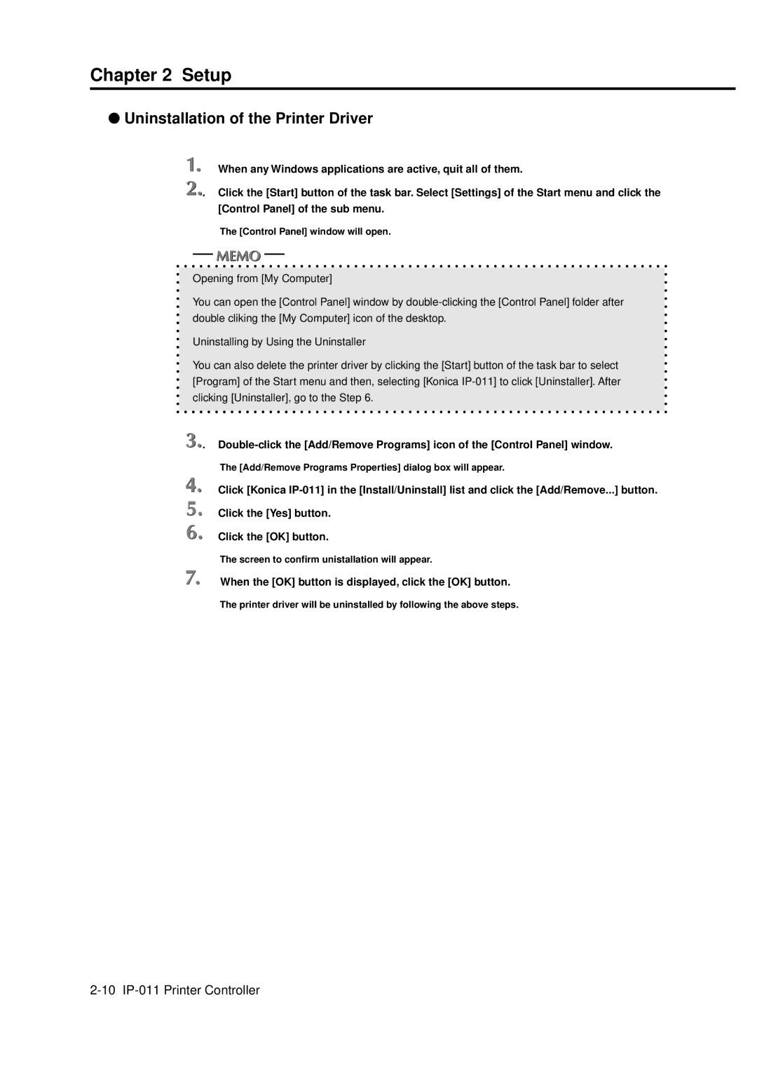 Konica Minolta IP-011 manual Uninstallation of the Printer Driver 