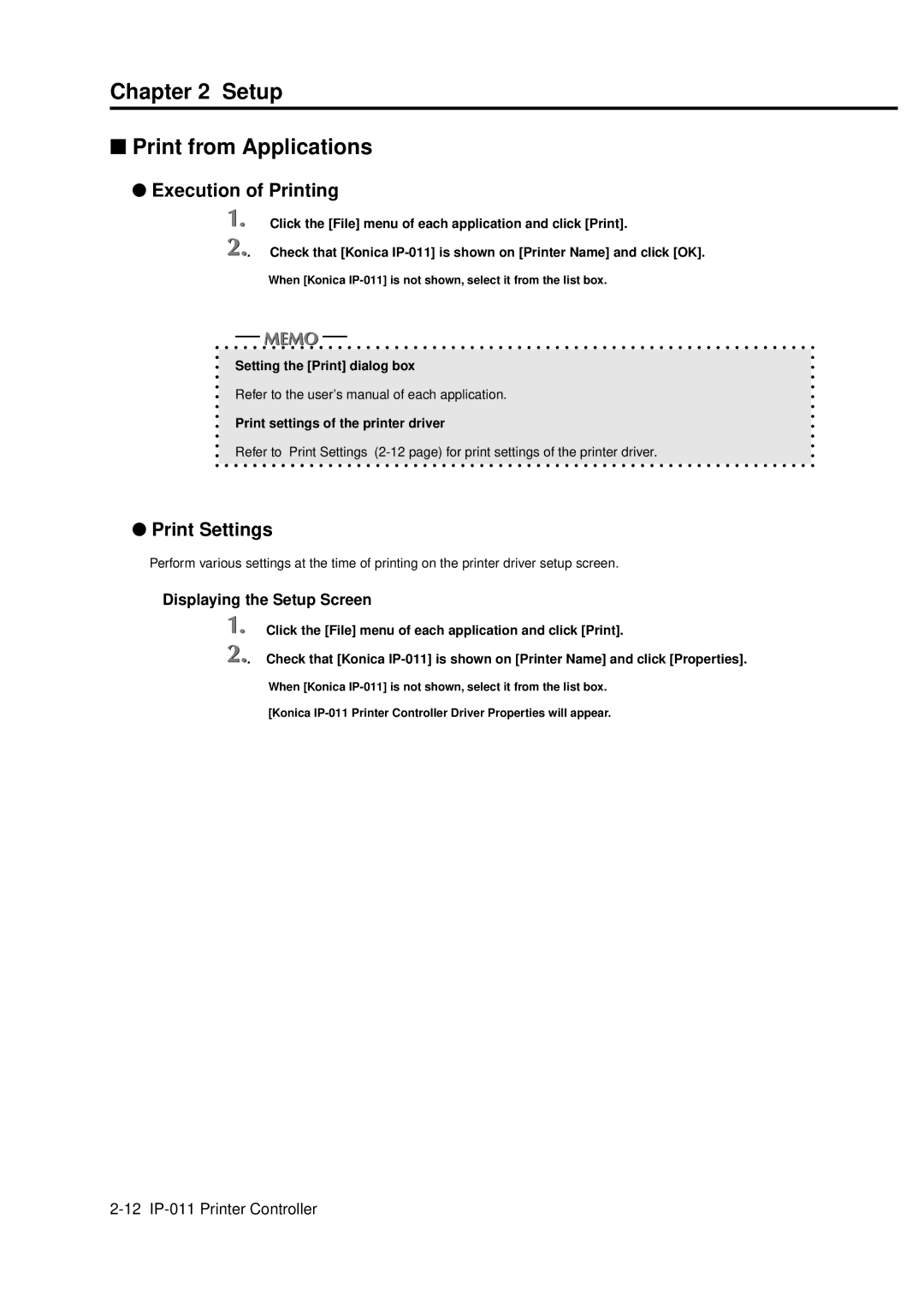 Konica Minolta IP-011 Setup Print from Applications, Execution of Printing, Print Settings, Displaying the Setup Screen 