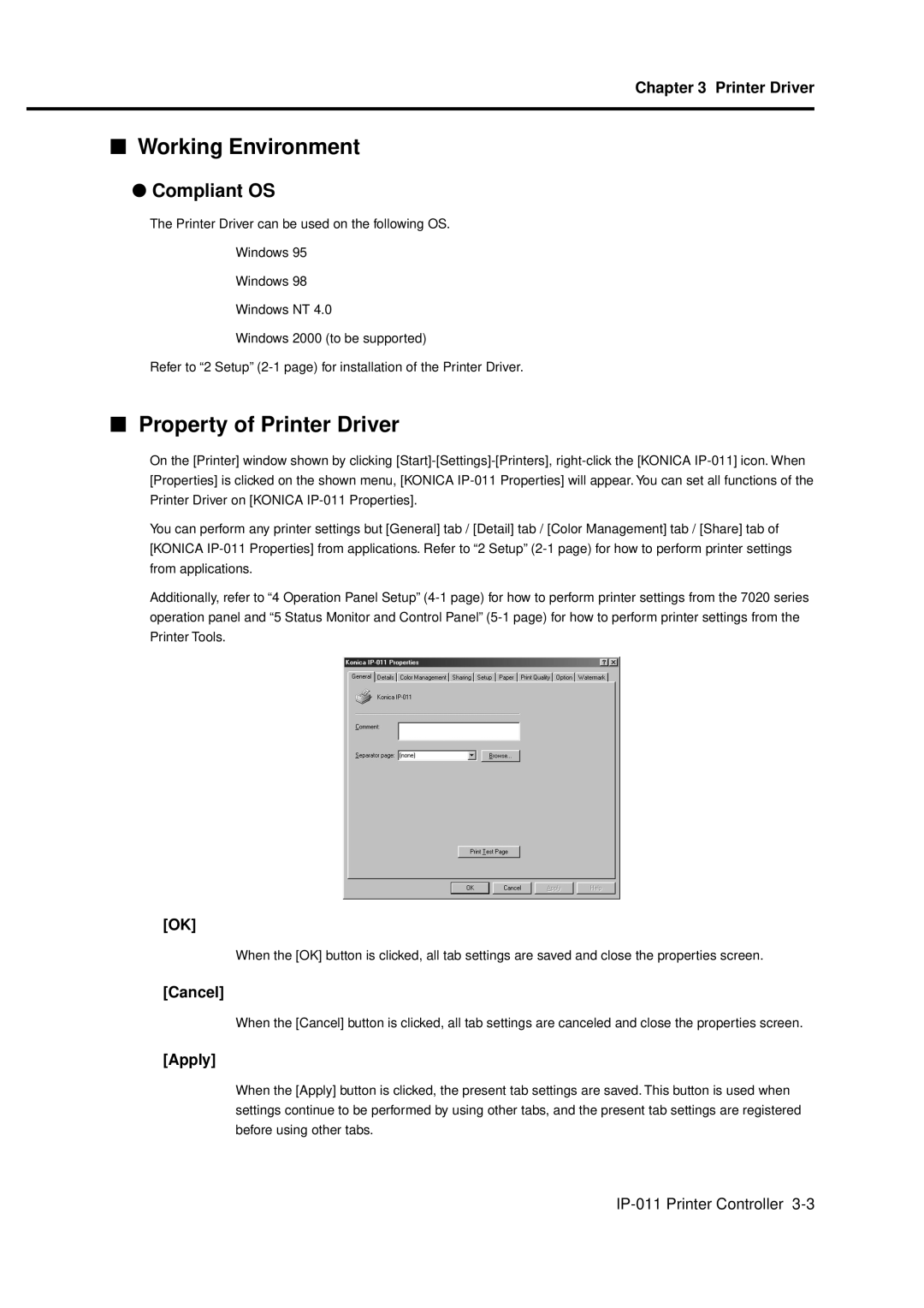 Konica Minolta IP-011 manual Working Environment, Property of Printer Driver, Cancel, Apply 