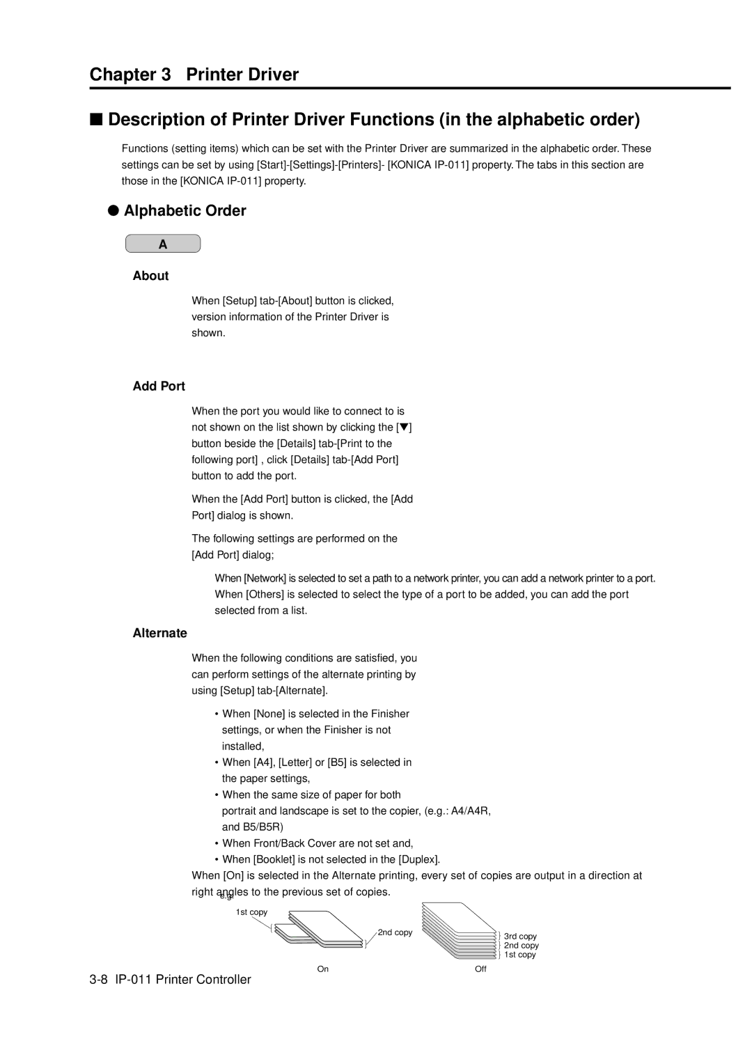 Konica Minolta IP-011 manual Alphabetic Order, About, Add Port, Alternate 