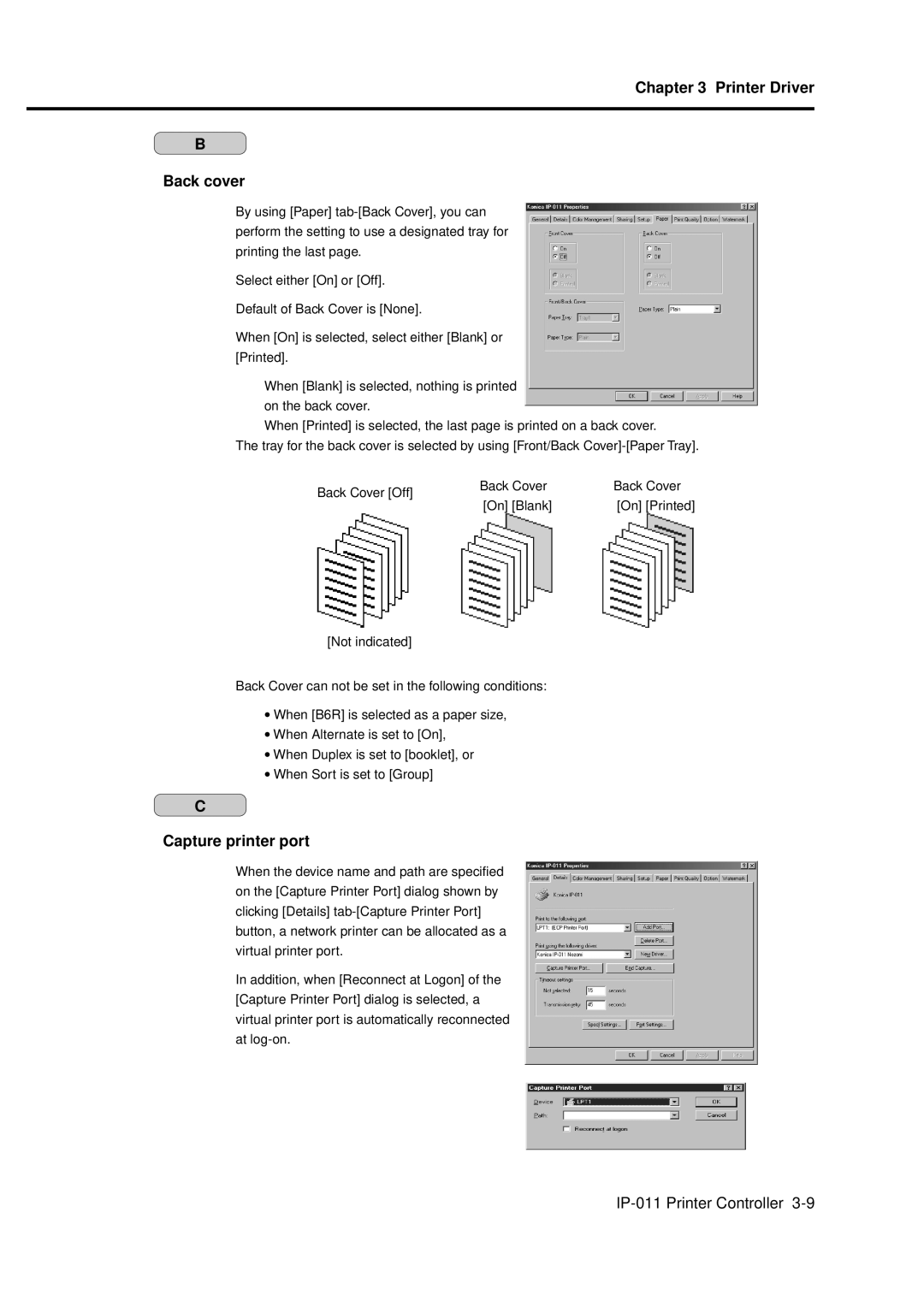 Konica Minolta IP-011 manual Printer Driver Back cover, Capture printer port 