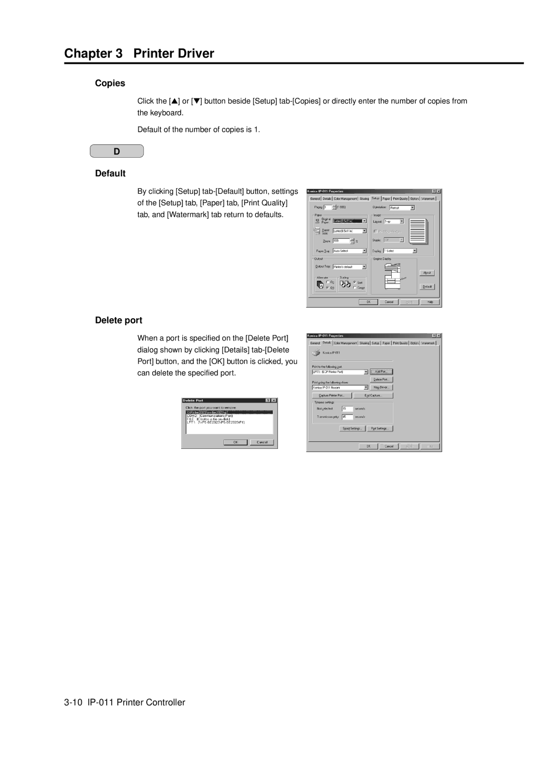 Konica Minolta IP-011 manual Copies, Default, Delete port 