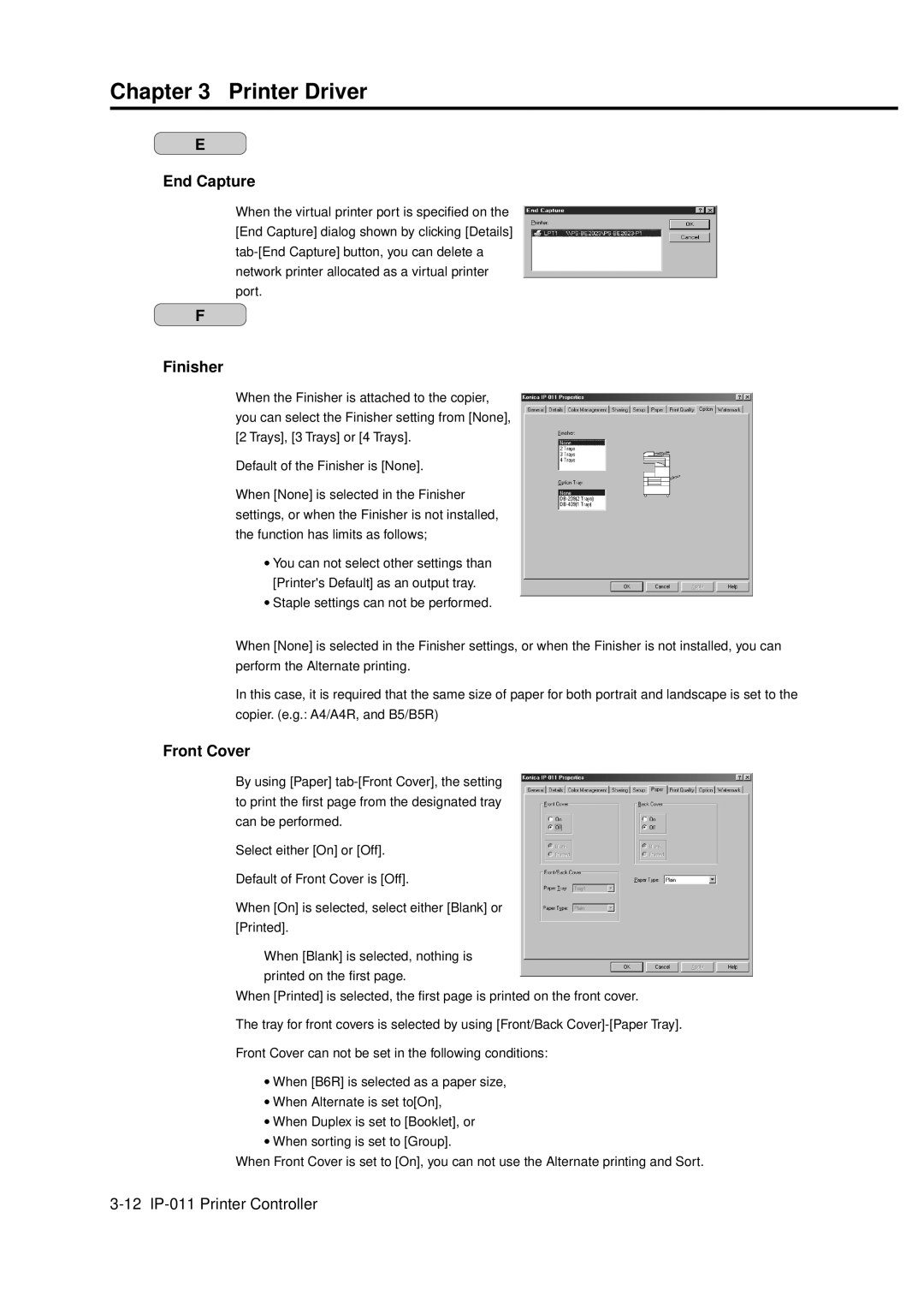 Konica Minolta IP-011 manual End Capture, Finisher, Front Cover 