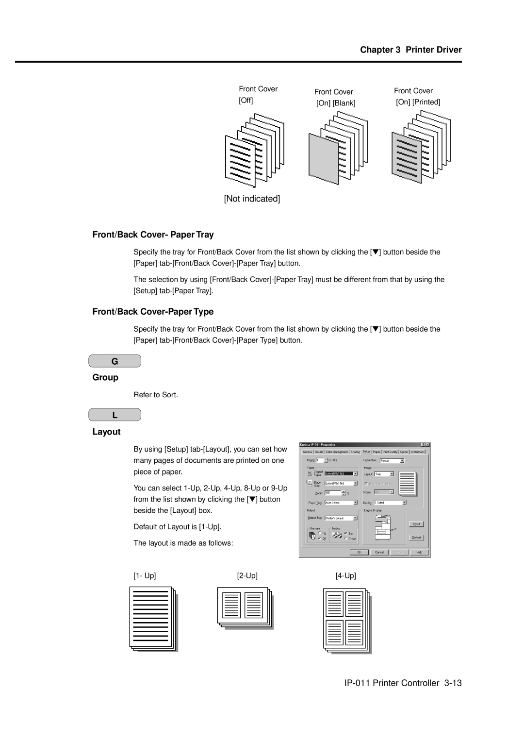 Konica Minolta IP-011 manual Front/Back Cover- Paper Tray, Front/Back Cover-Paper Type, Group, Layout 