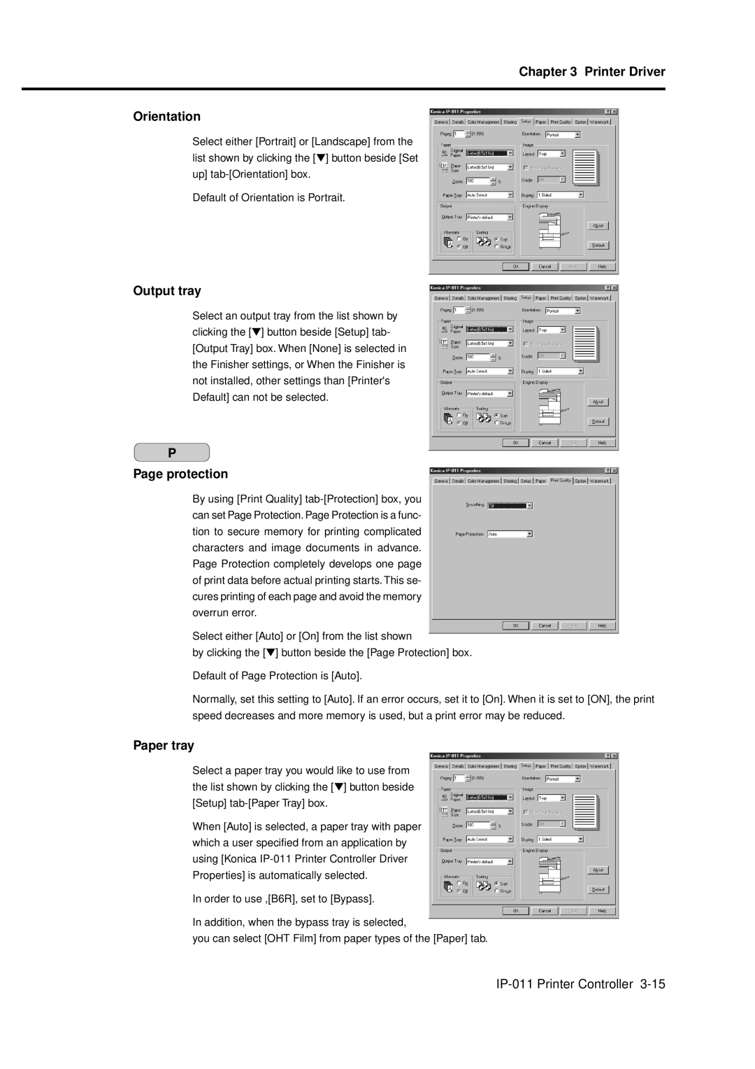 Konica Minolta IP-011 manual Printer Driver Orientation, Output tray, Protection, Paper tray 