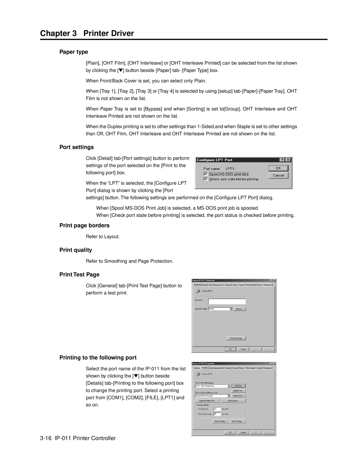 Konica Minolta IP-011 manual Paper type, Port settings, Print page borders, Print quality, Print Test 