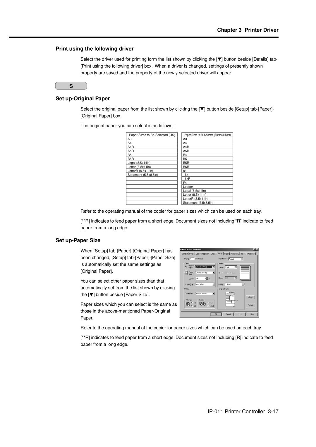 Konica Minolta IP-011 manual Printer Driver Print using the following driver, Set up-Original Paper, Set up-Paper Size 