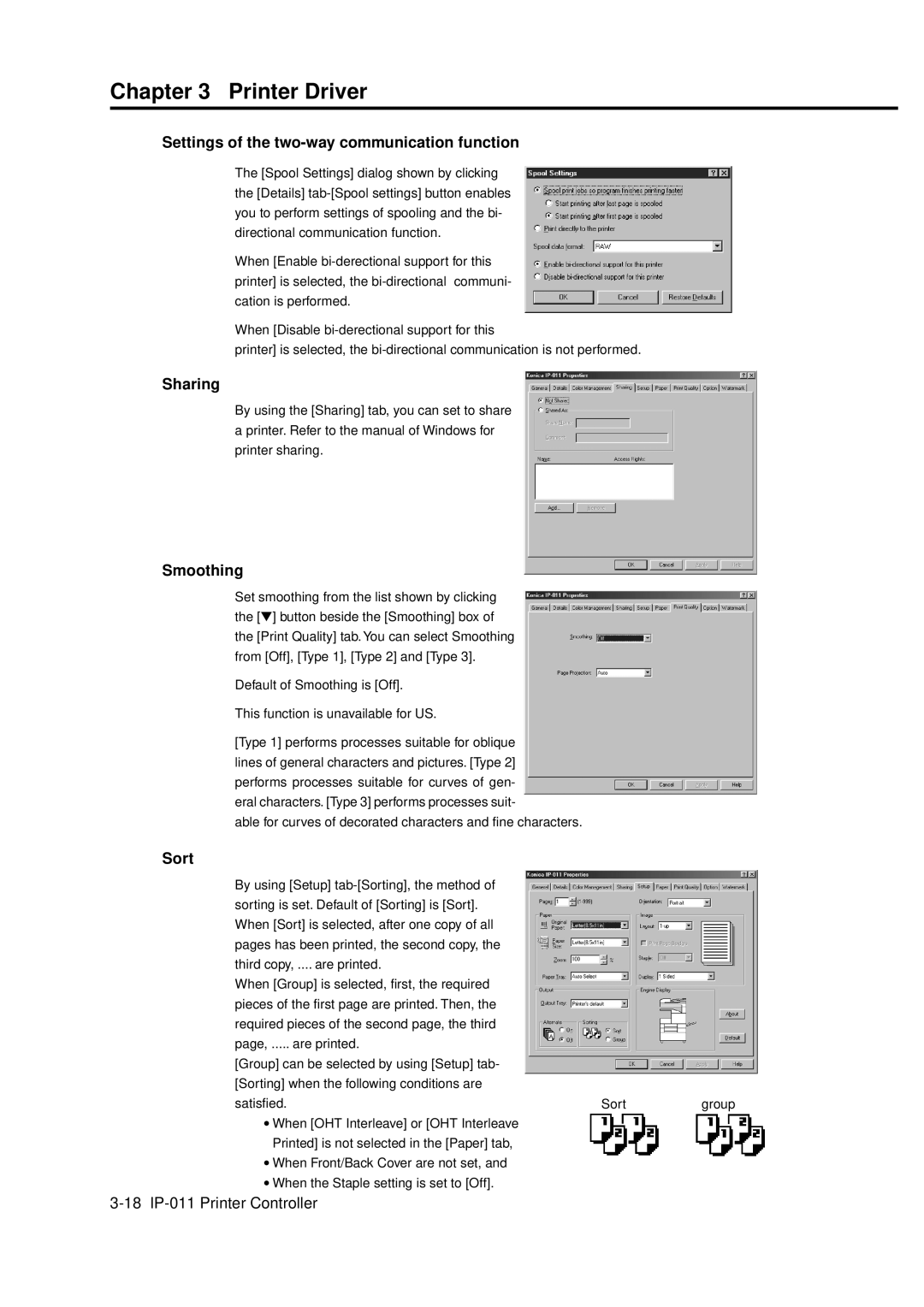 Konica Minolta IP-011 manual Settings of the two-way communication function, Sharing, Smoothing, Sort 