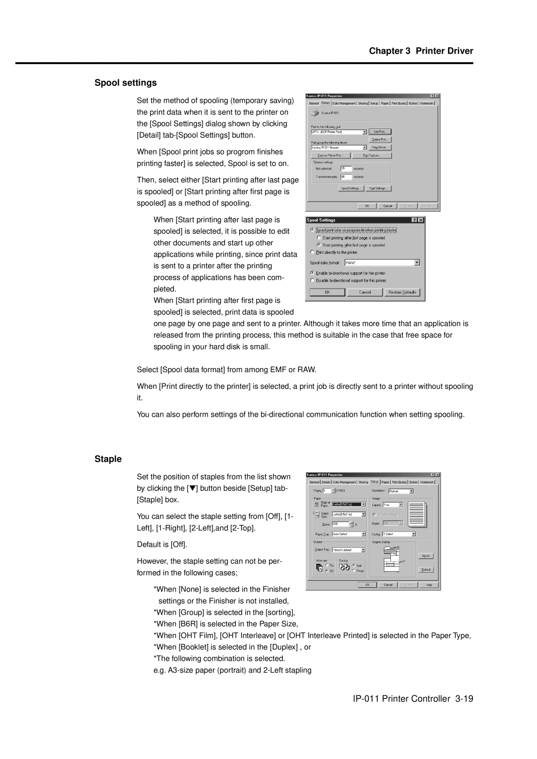 Konica Minolta IP-011 manual Printer Driver Spool settings, Staple 