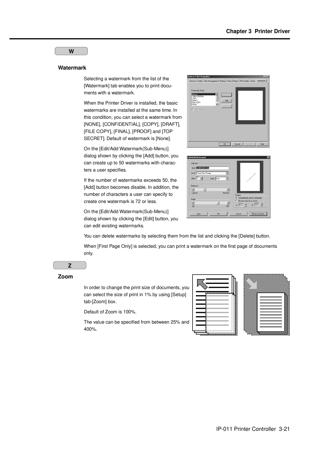 Konica Minolta IP-011 manual Printer Driver Watermark, Zoom 