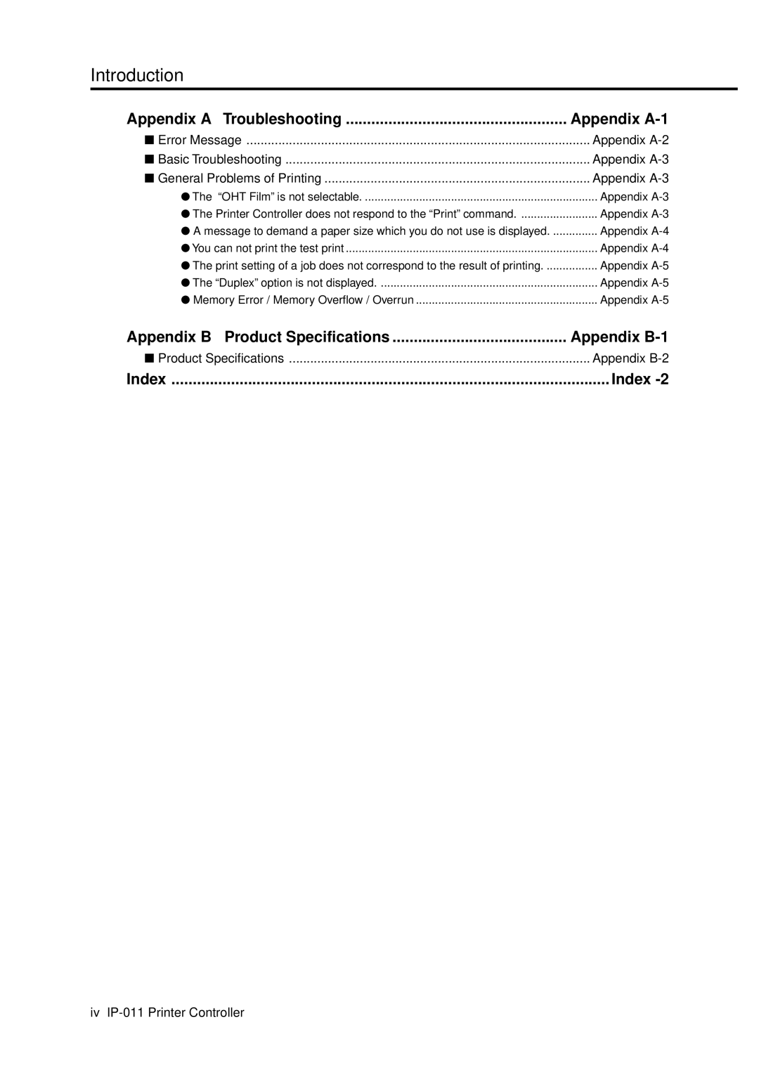 Konica Minolta IP-011 manual Appendix a Troubleshooting Appendix A-1, Appendix B Product Specifications Appendix B-1, Index 