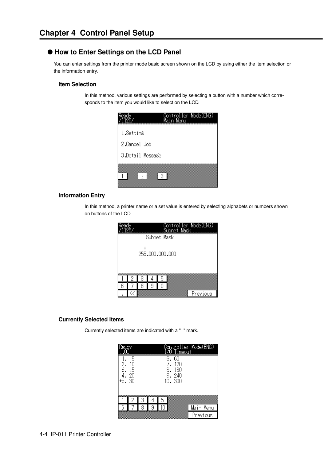 Konica Minolta IP-011 manual Control Panel Setup, How to Enter Settings on the LCD Panel, Item Selection, Information Entry 