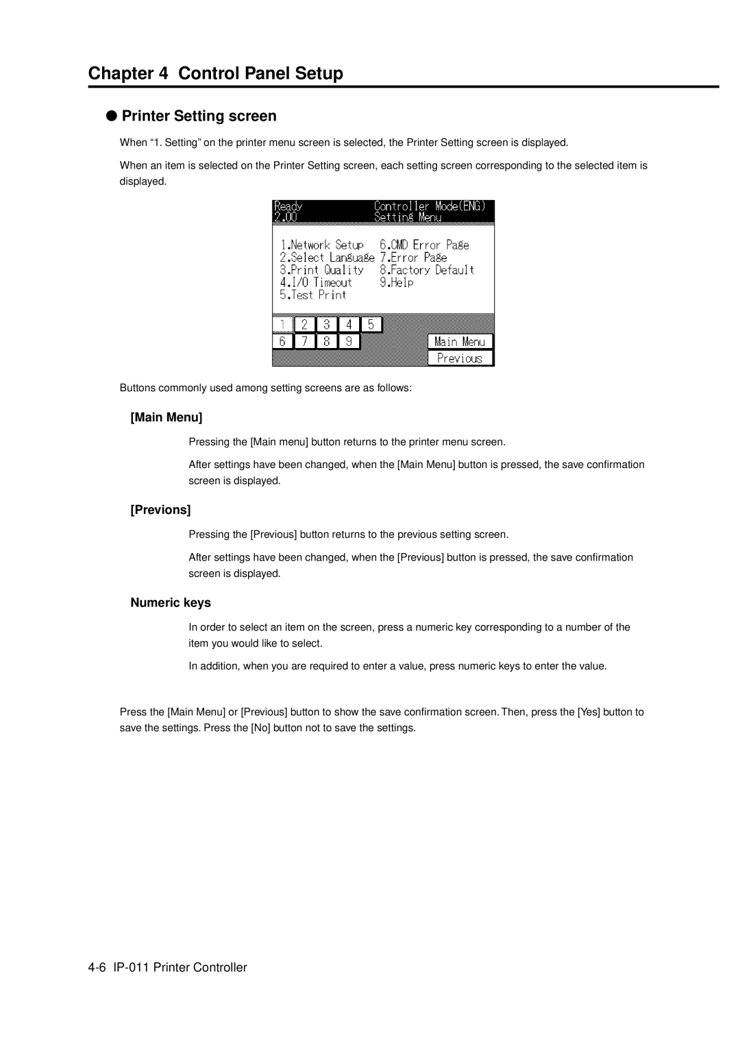 Konica Minolta IP-011 manual Printer Setting screen, Main Menu, Previons, Numeric keys 