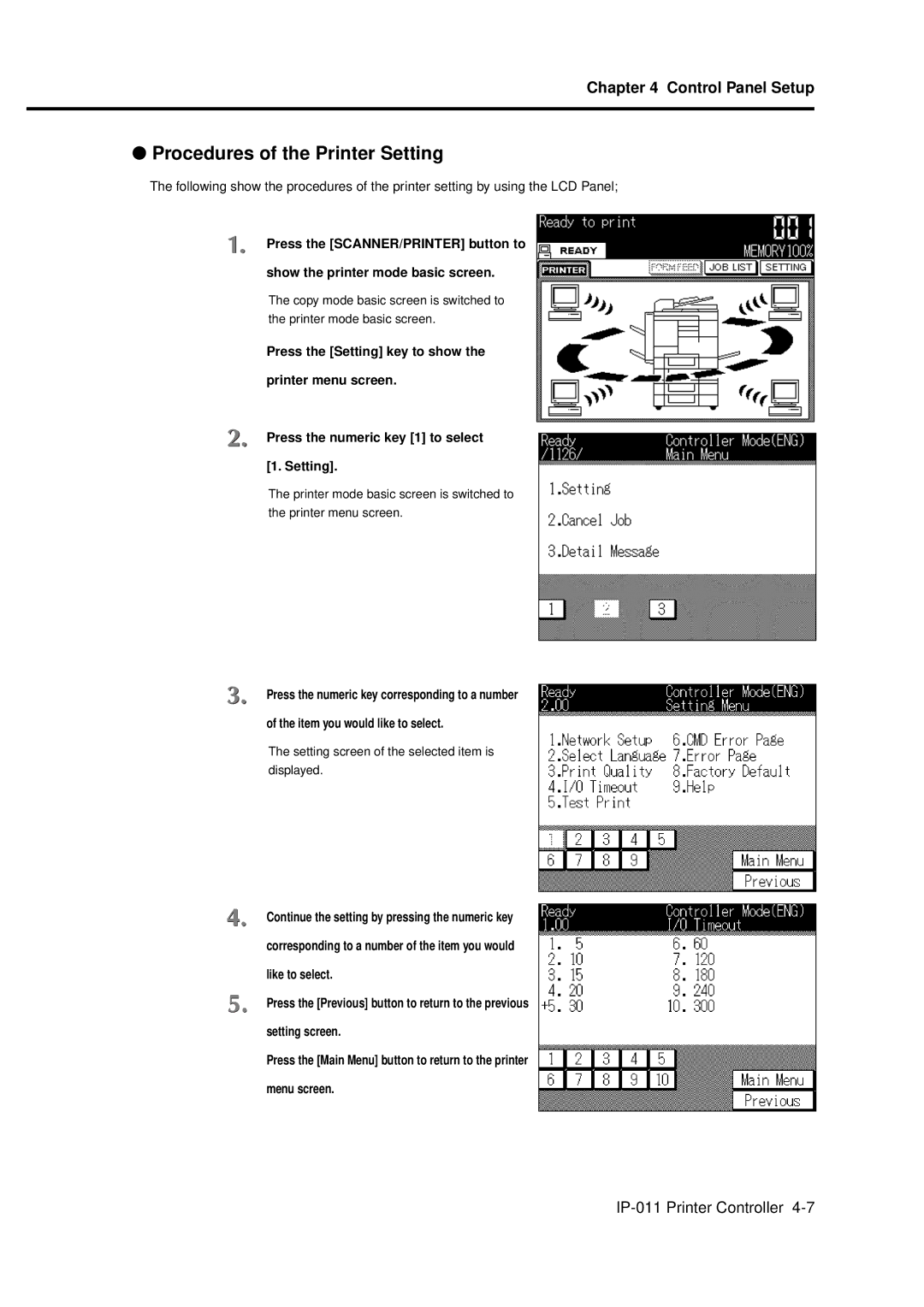 Konica Minolta IP-011 manual Procedures of the Printer Setting, Setting screen of the selected item is Displayed 