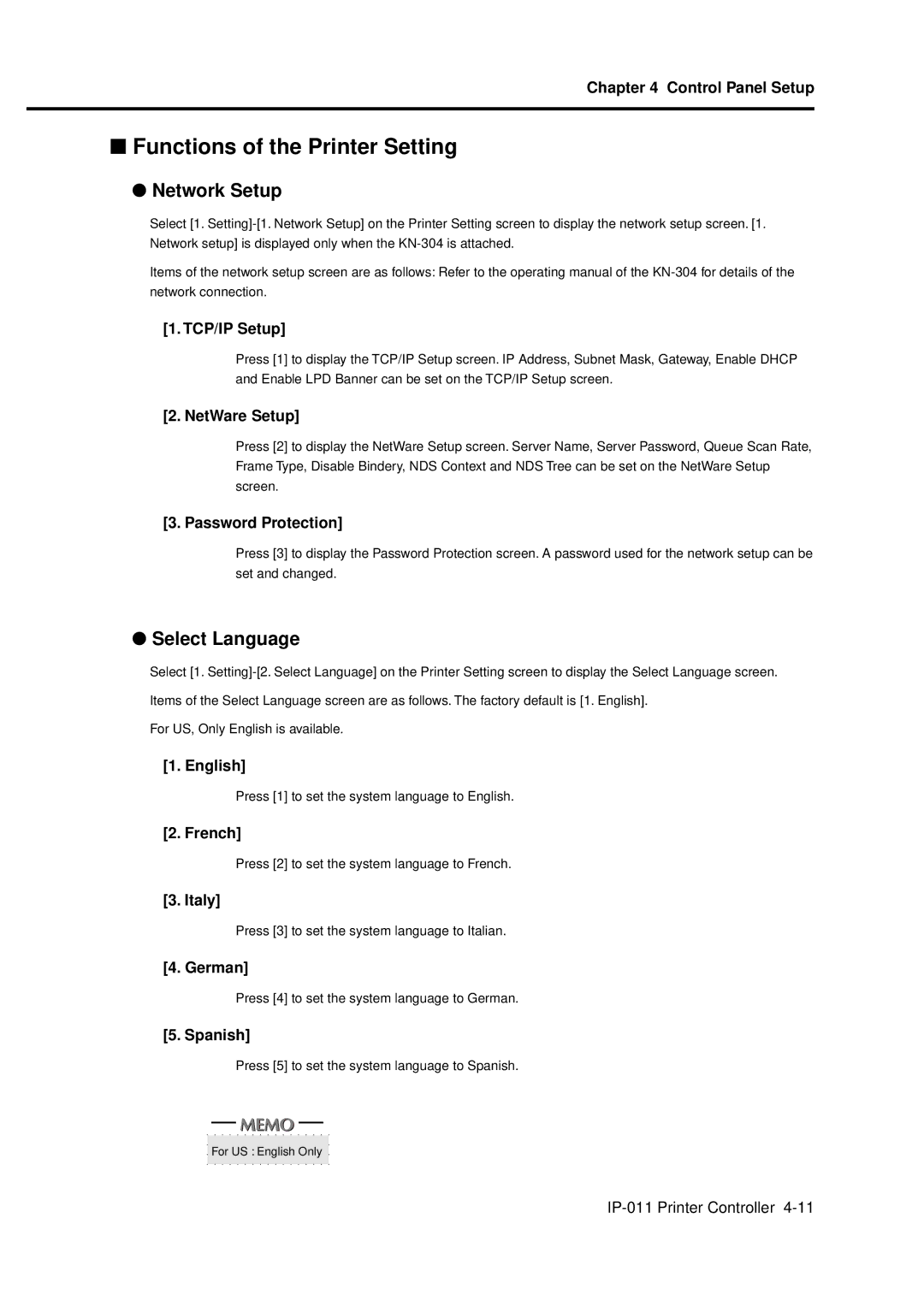 Konica Minolta IP-011 manual Functions of the Printer Setting, Network Setup, Select Language 