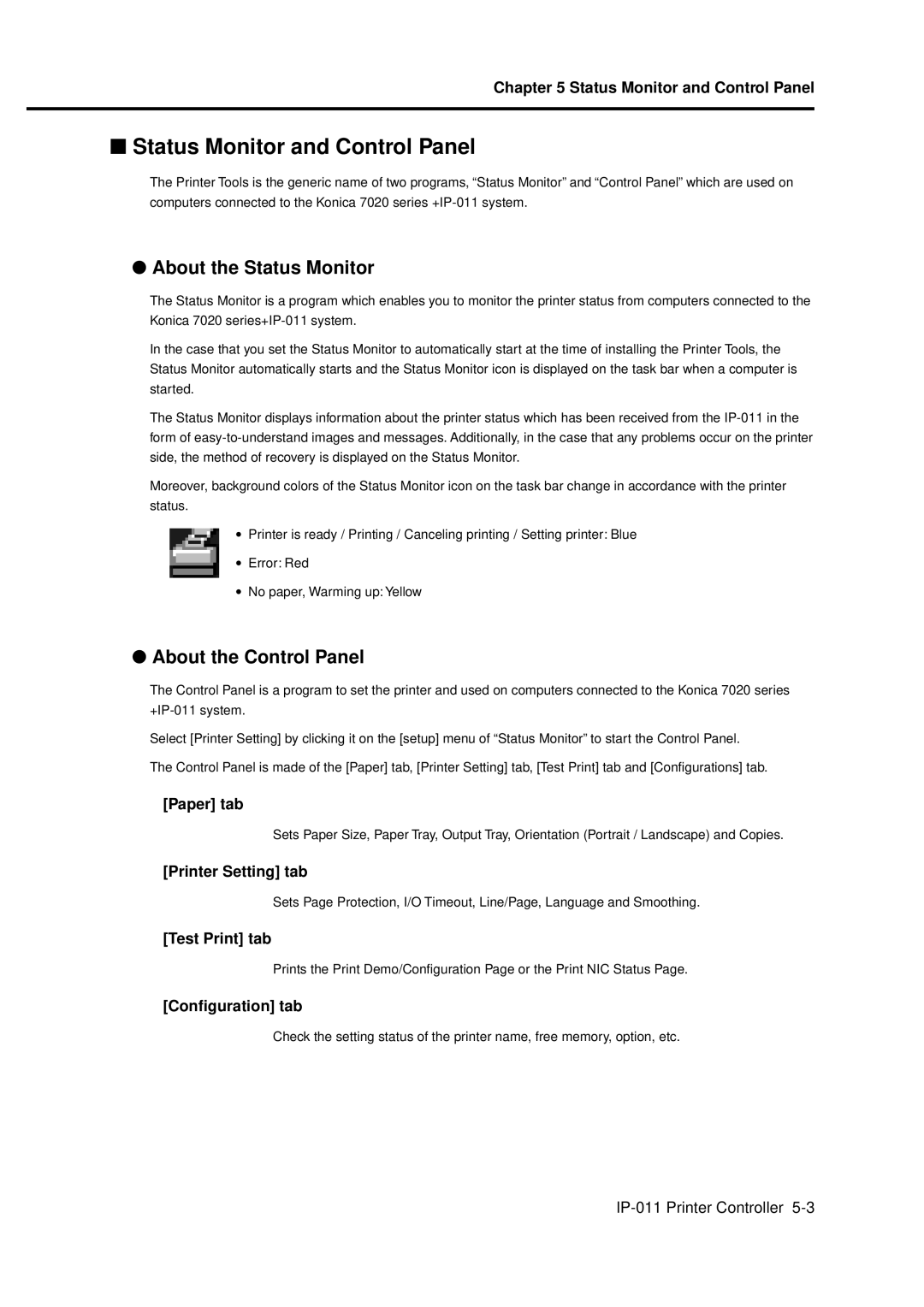 Konica Minolta IP-011 manual Status Monitor and Control Panel, Printer Setting tab, Test Print tab, Configuration tab 