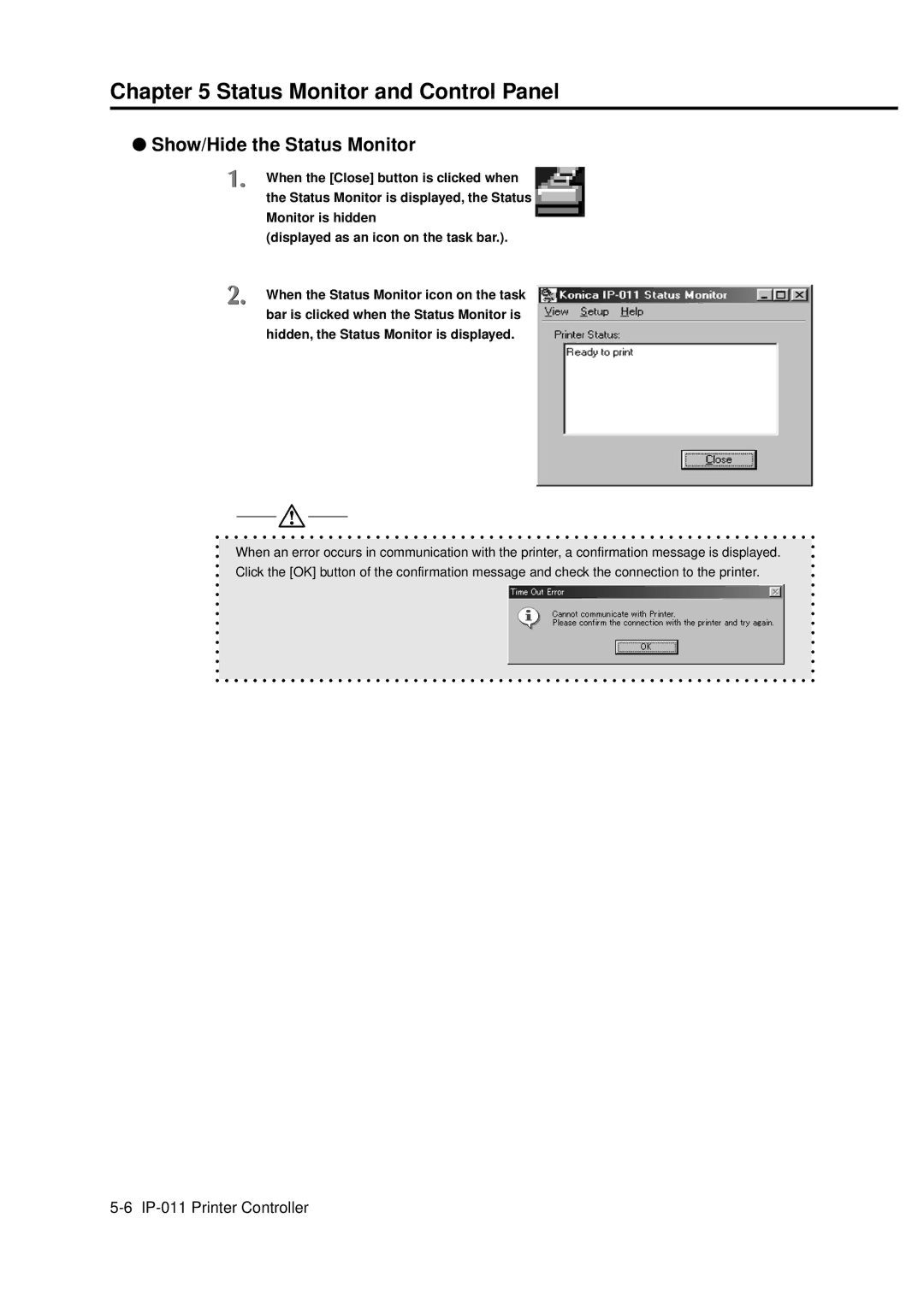 Konica Minolta IP-011 manual Status Monitor and Control Panel, Show/Hide the Status Monitor 