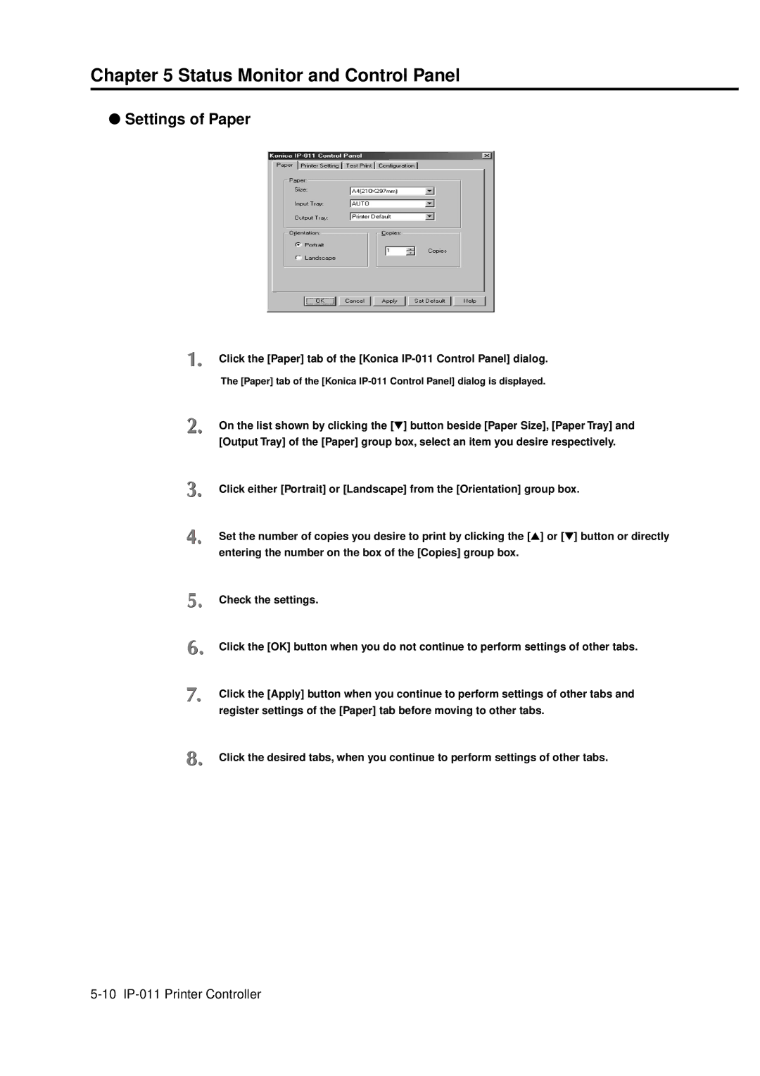 Konica Minolta IP-011 manual Status Monitor and Control Panel, Settings of Paper 