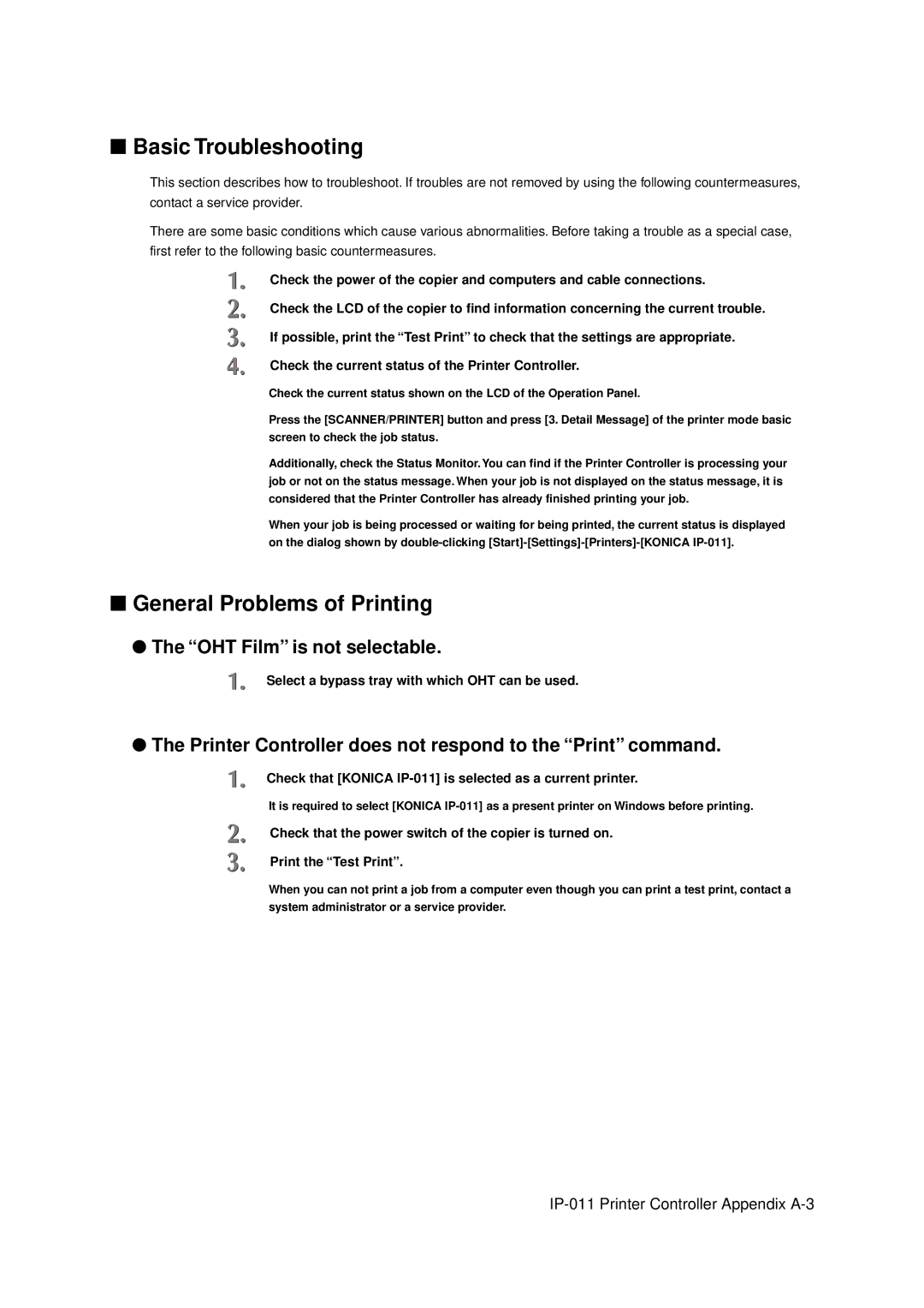 Konica Minolta IP-011 manual Basic Troubleshooting, General Problems of Printing, OHT Film is not selectable 