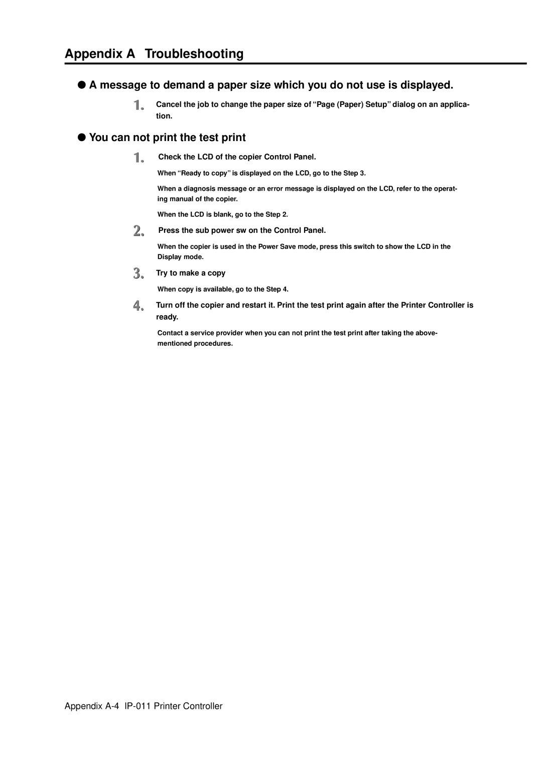 Konica Minolta IP-011 manual Appendix a Troubleshooting, You can not print the test print 