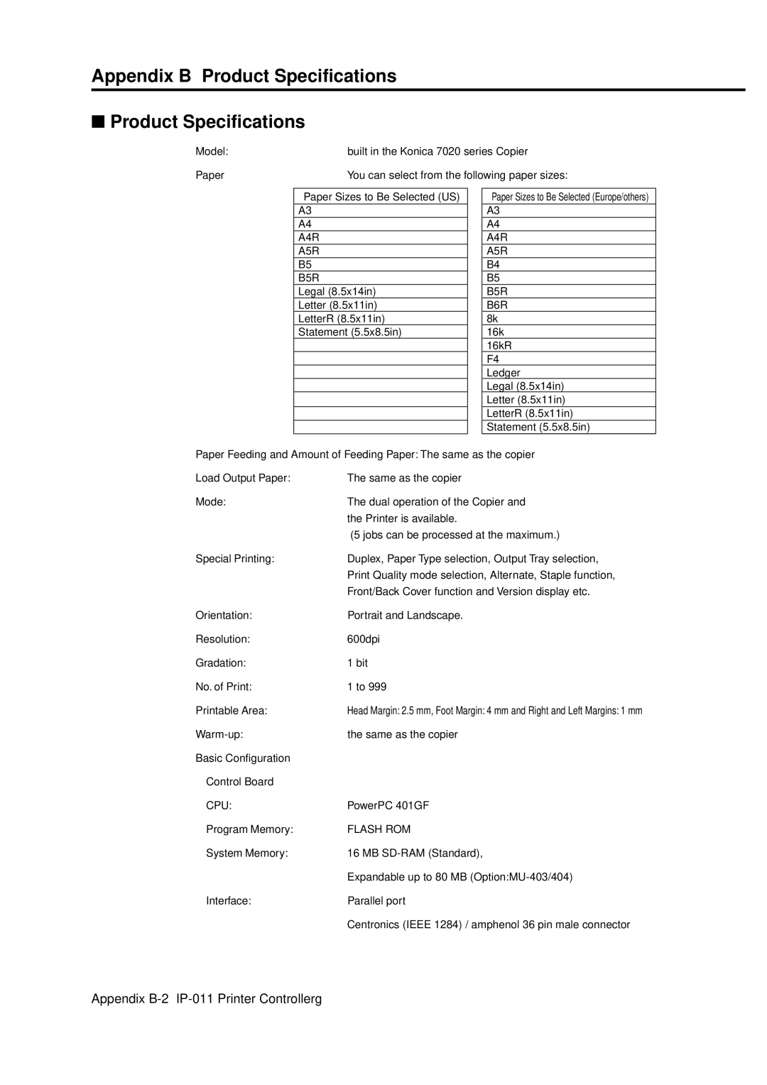 Konica Minolta IP-011 manual Appendix B Product Specifications, A4R A5R B5R 