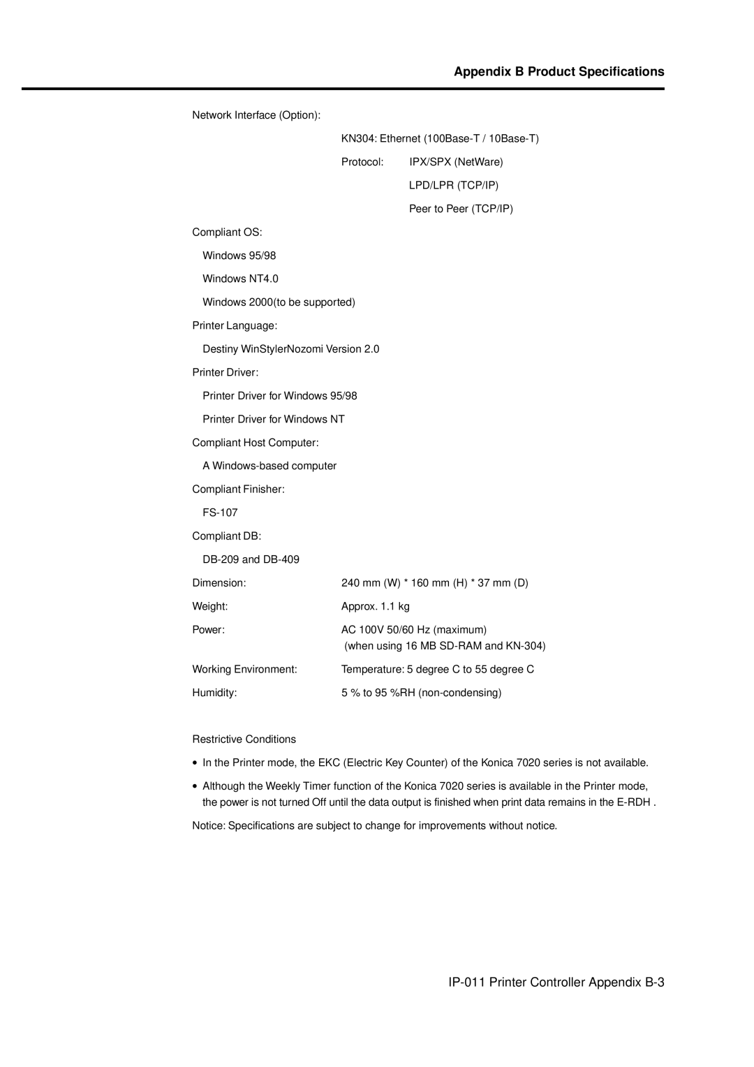 Konica Minolta IP-011 manual Appendix B Product Specifications 