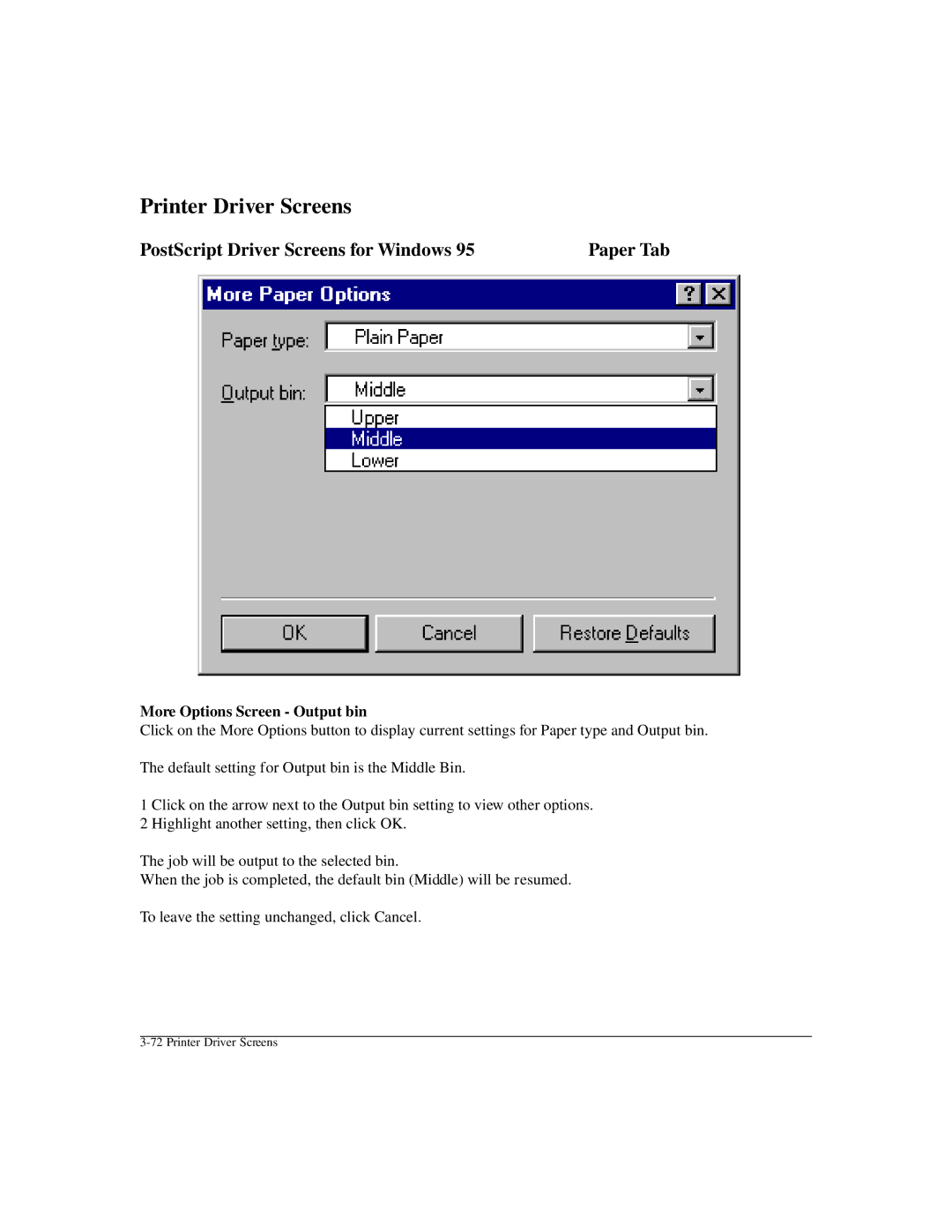 Konica Minolta IP-411 manual More Options Screen Output bin 