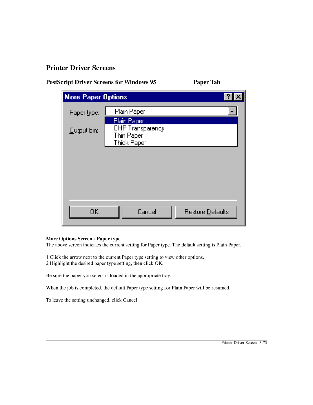 Konica Minolta IP-411 manual More Options Screen Paper type 