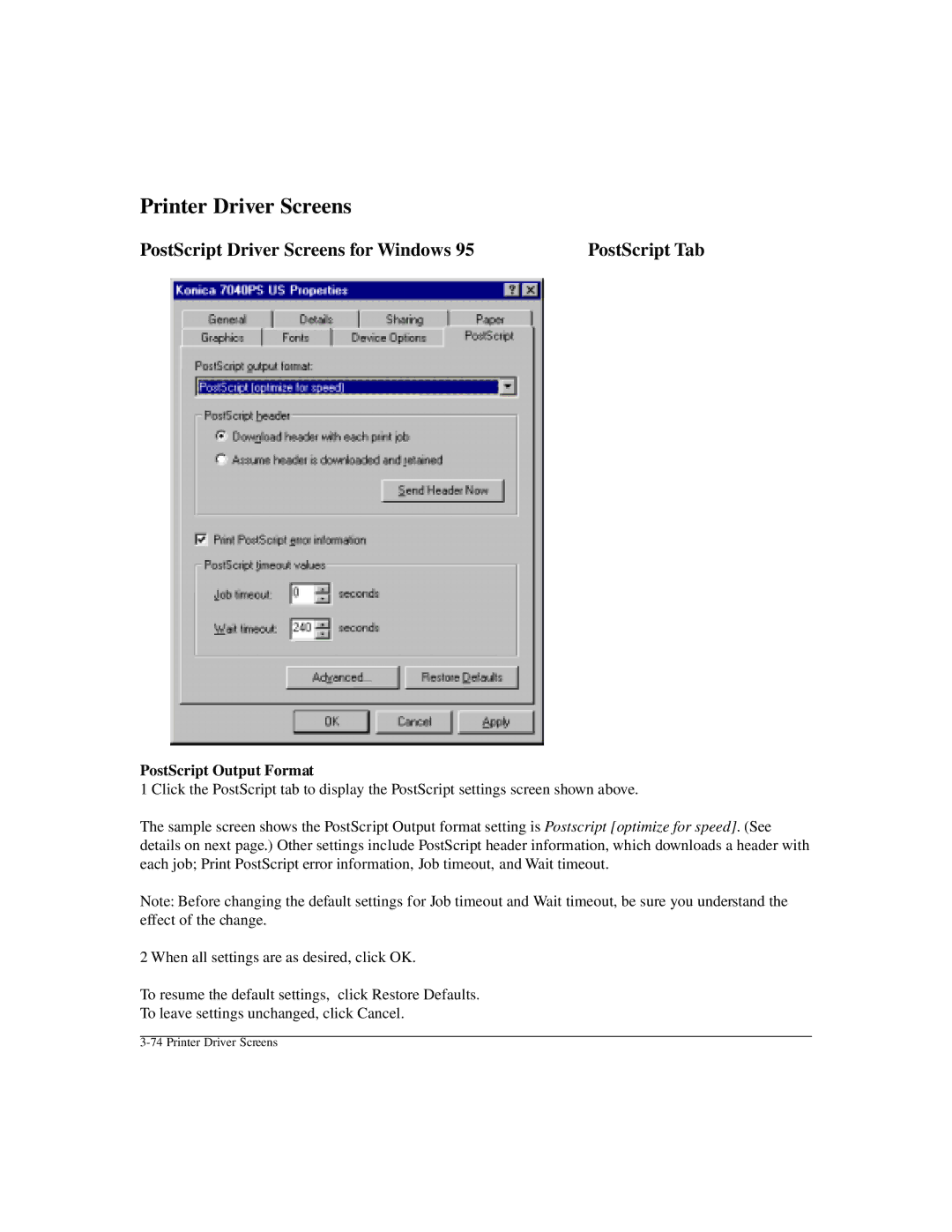 Konica Minolta IP-411 manual PostScript Driver Screens for Windows PostScript Tab, PostScript Output Format 