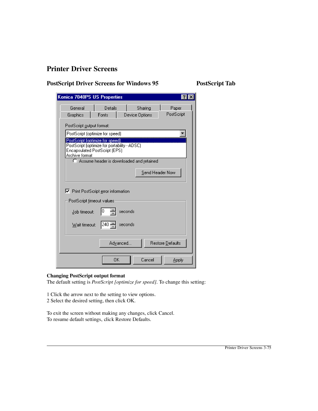 Konica Minolta IP-411 manual Changing PostScript output format 