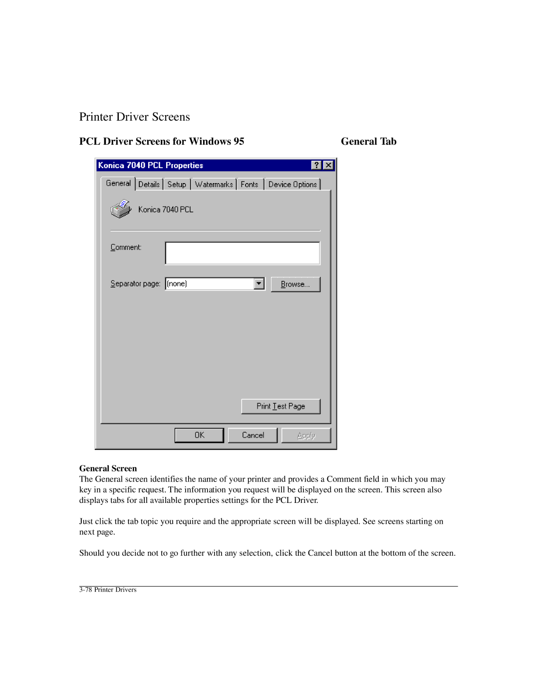 Konica Minolta IP-411 manual Printer Driver Screens, PCL Driver Screens for Windows General Tab 