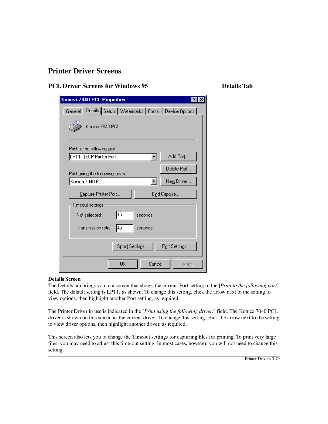 Konica Minolta IP-411 manual PCL Driver Screens for Windows, Details Screen 