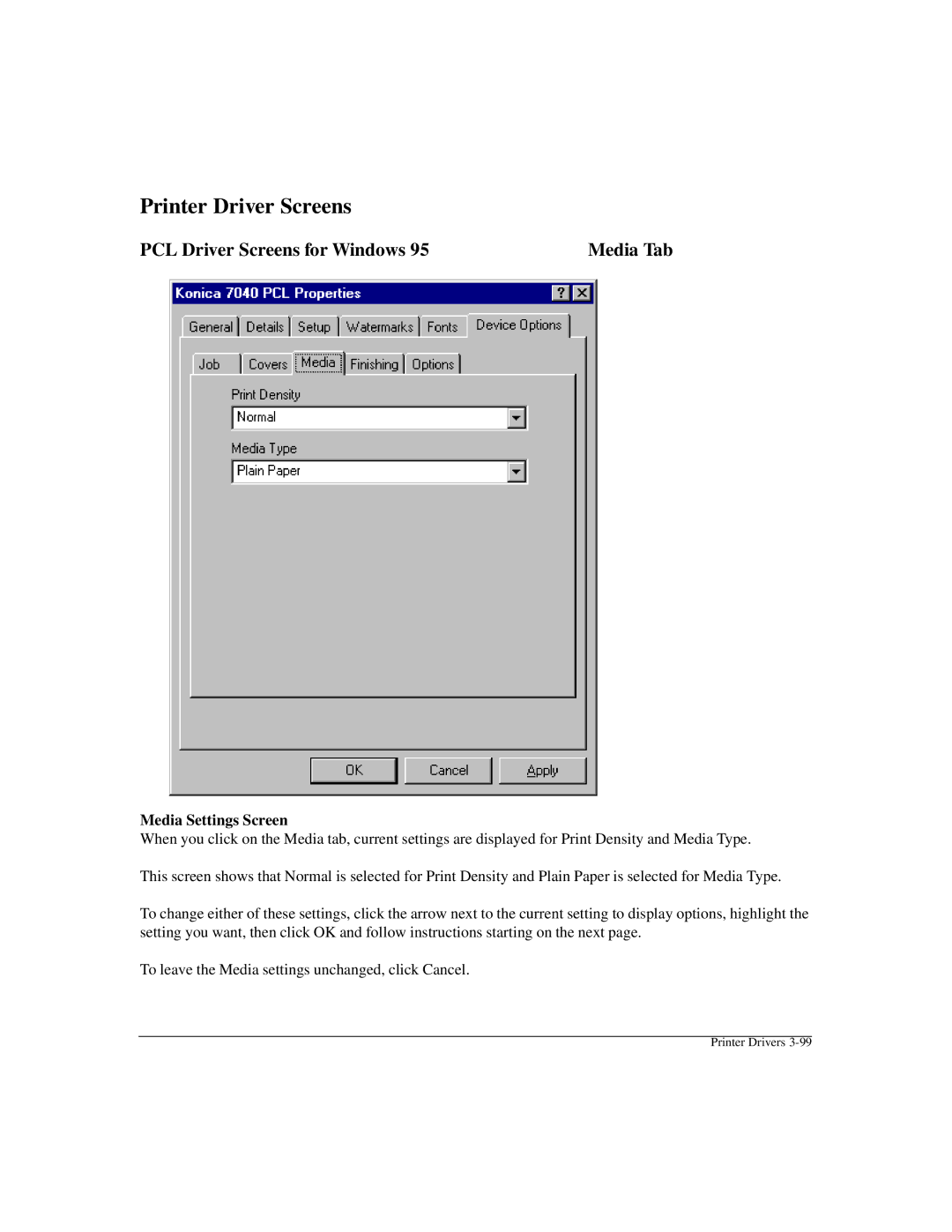 Konica Minolta IP-411 manual Media Settings Screen 