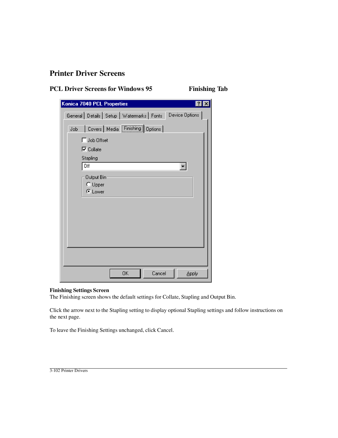 Konica Minolta IP-411 manual PCL Driver Screens for Windows Finishing Tab, Finishing Settings Screen 