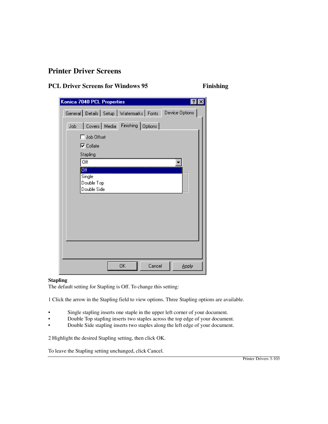 Konica Minolta IP-411 manual PCL Driver Screens for Windows Finishing 