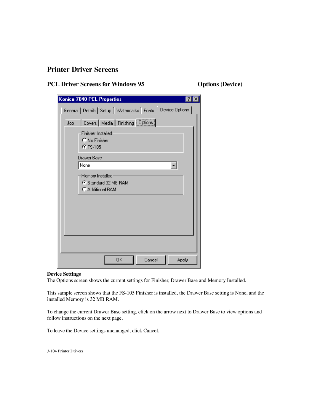 Konica Minolta IP-411 manual PCL Driver Screens for Windows Options Device 