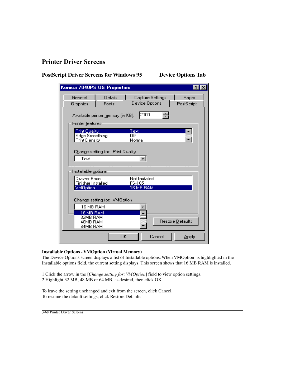 Konica Minolta IP-411 manual Installable Options VMOption Virtual Memory 