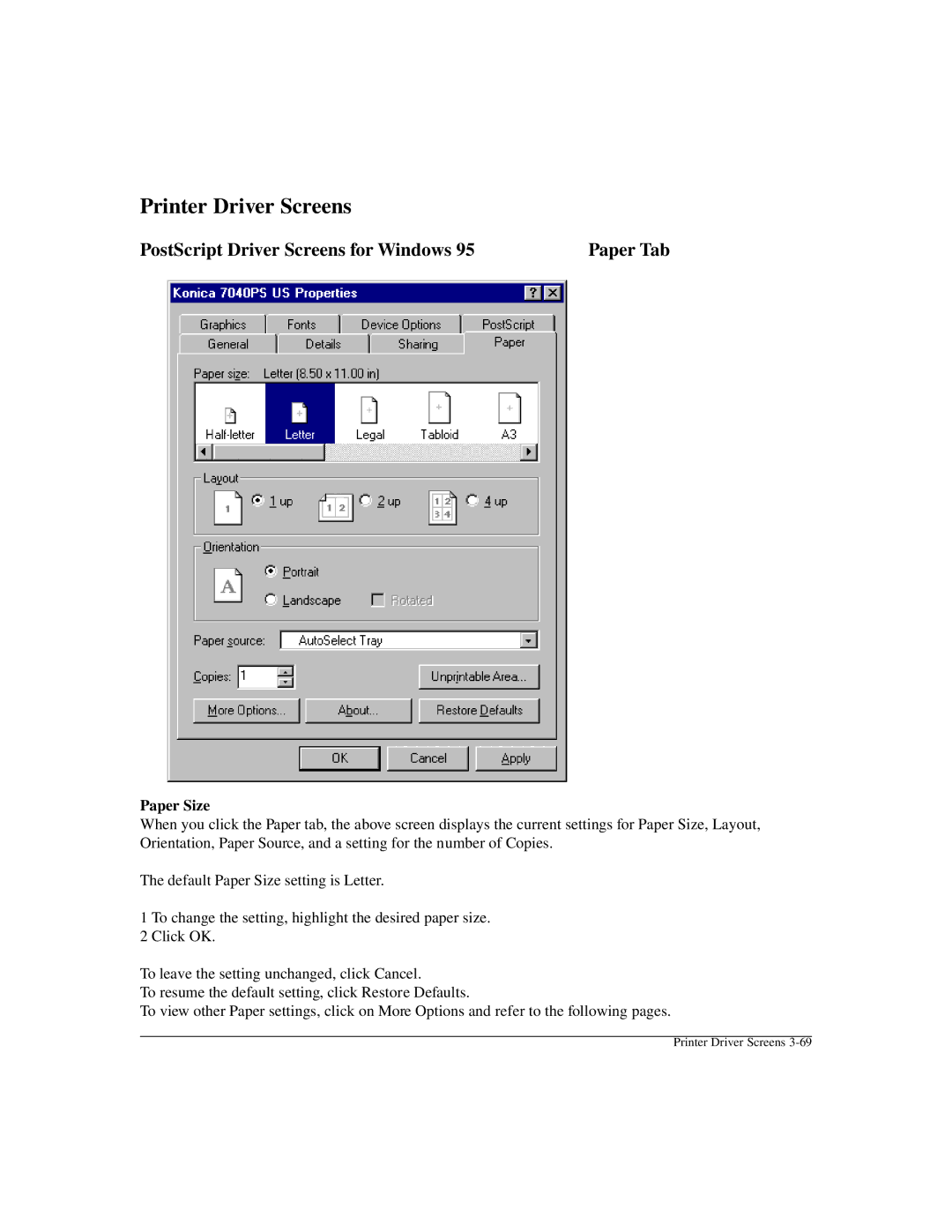 Konica Minolta IP-411 manual PostScript Driver Screens for Windows Paper Tab, Paper Size 