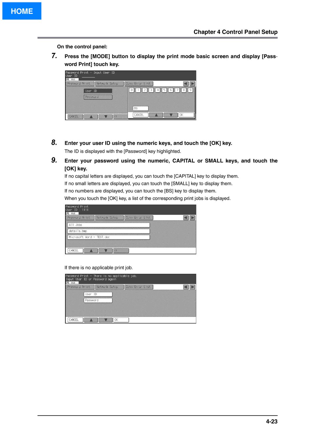 Konica Minolta IP-511 manual ID is displayed with the Password key highlighted 