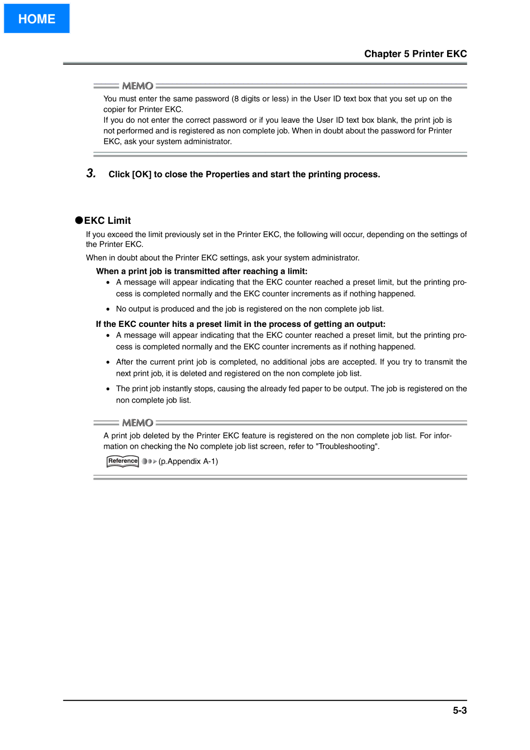 Konica Minolta IP-511 manual EKC Limit, When a print job is transmitted after reaching a limit 