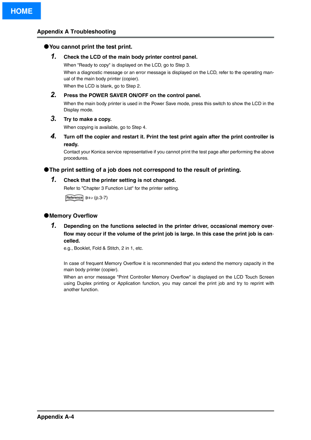 Konica Minolta IP-511 manual Appendix a Troubleshooting You cannot print the test print, Memory Overflow, Appendix A-4 