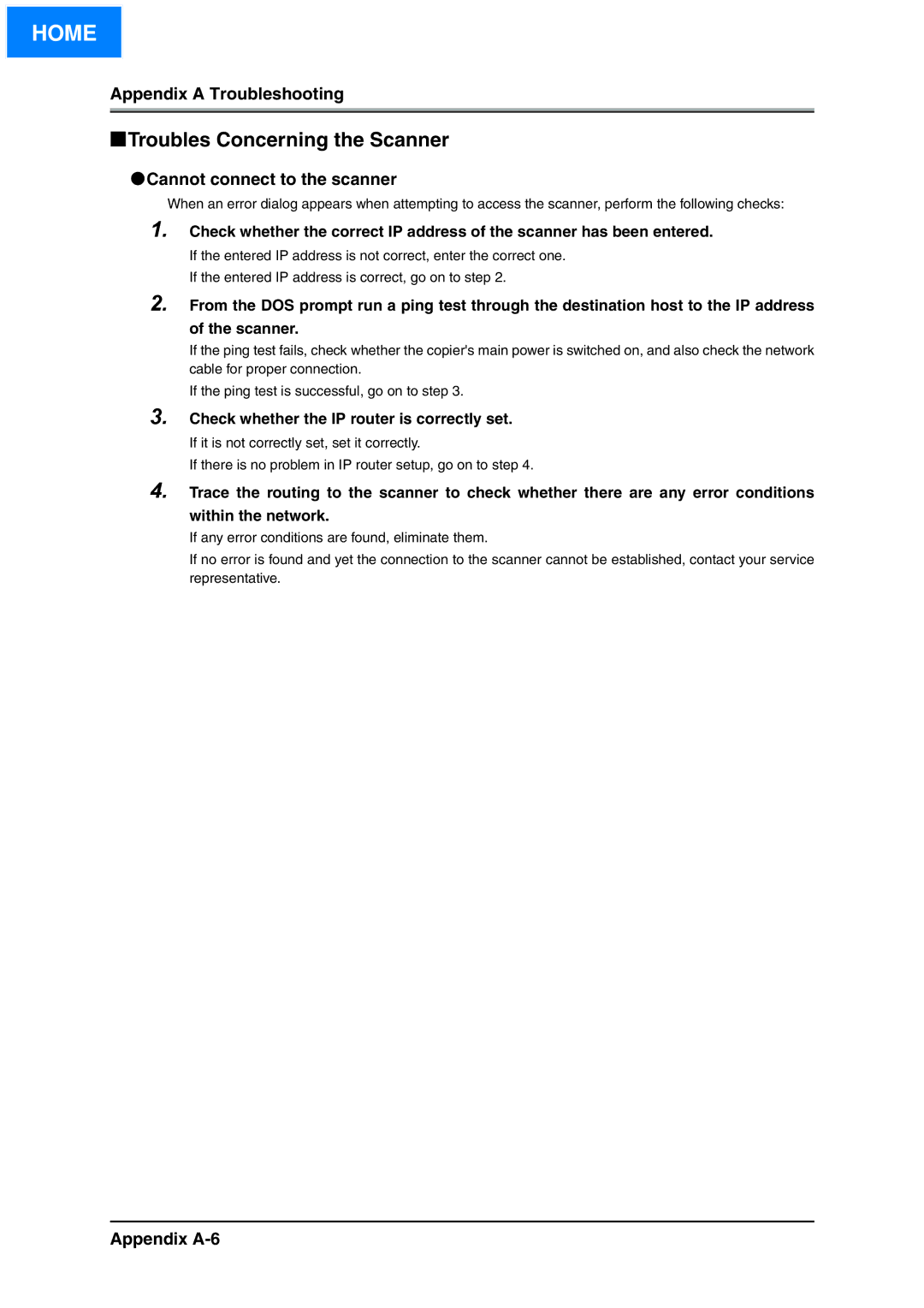 Konica Minolta IP-511 manual Cannot connect to the scanner, Appendix A-6, Check whether the IP router is correctly set 