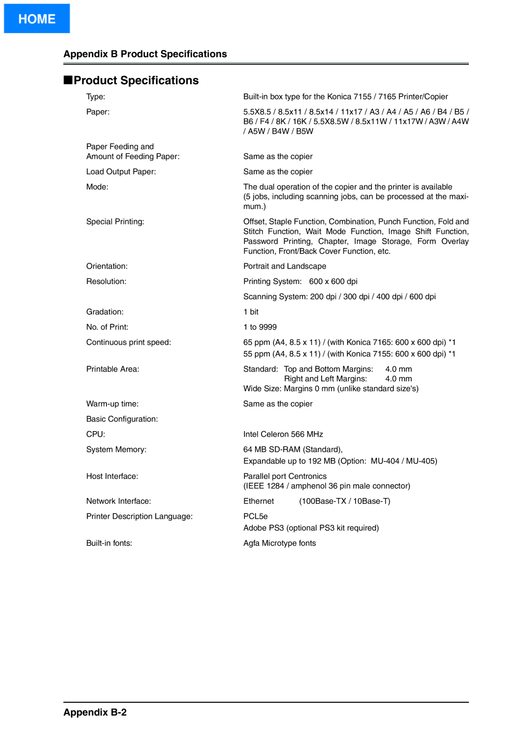 Konica Minolta IP-511 manual Appendix B Product Specifications, Appendix B-2 