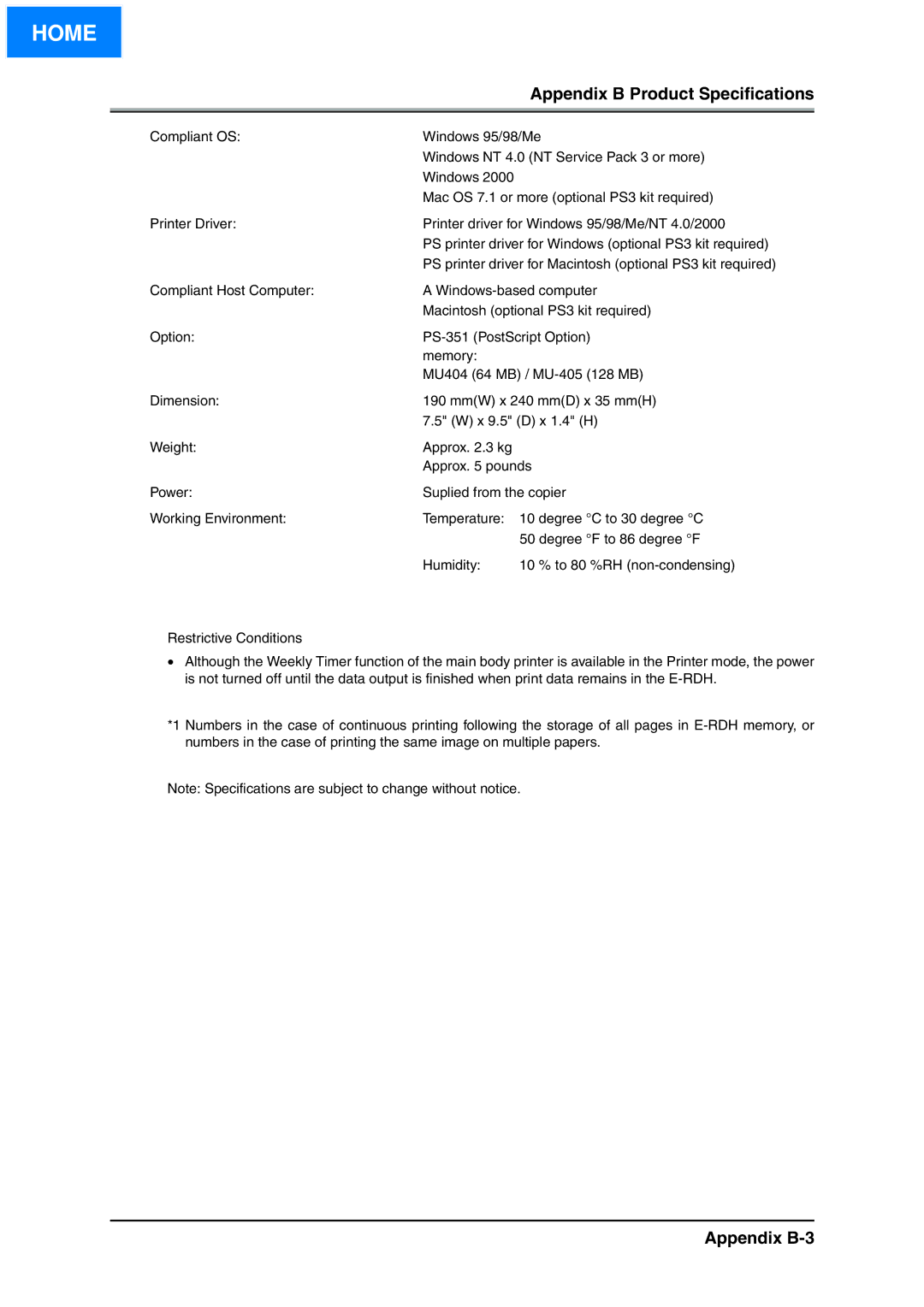 Konica Minolta IP-511 manual Appendix B-3, Appendix B Product Specifications 