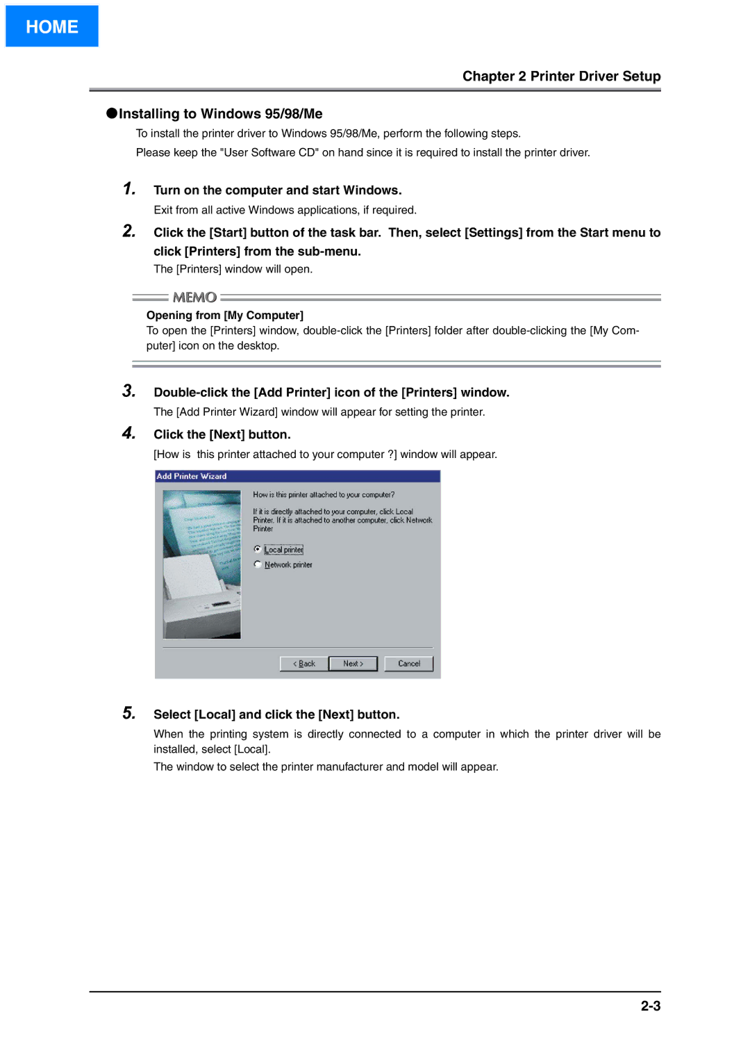 Konica Minolta IP-511 manual Printer Driver Setup Installing to Windows 95/98/Me, Turn on the computer and start Windows 