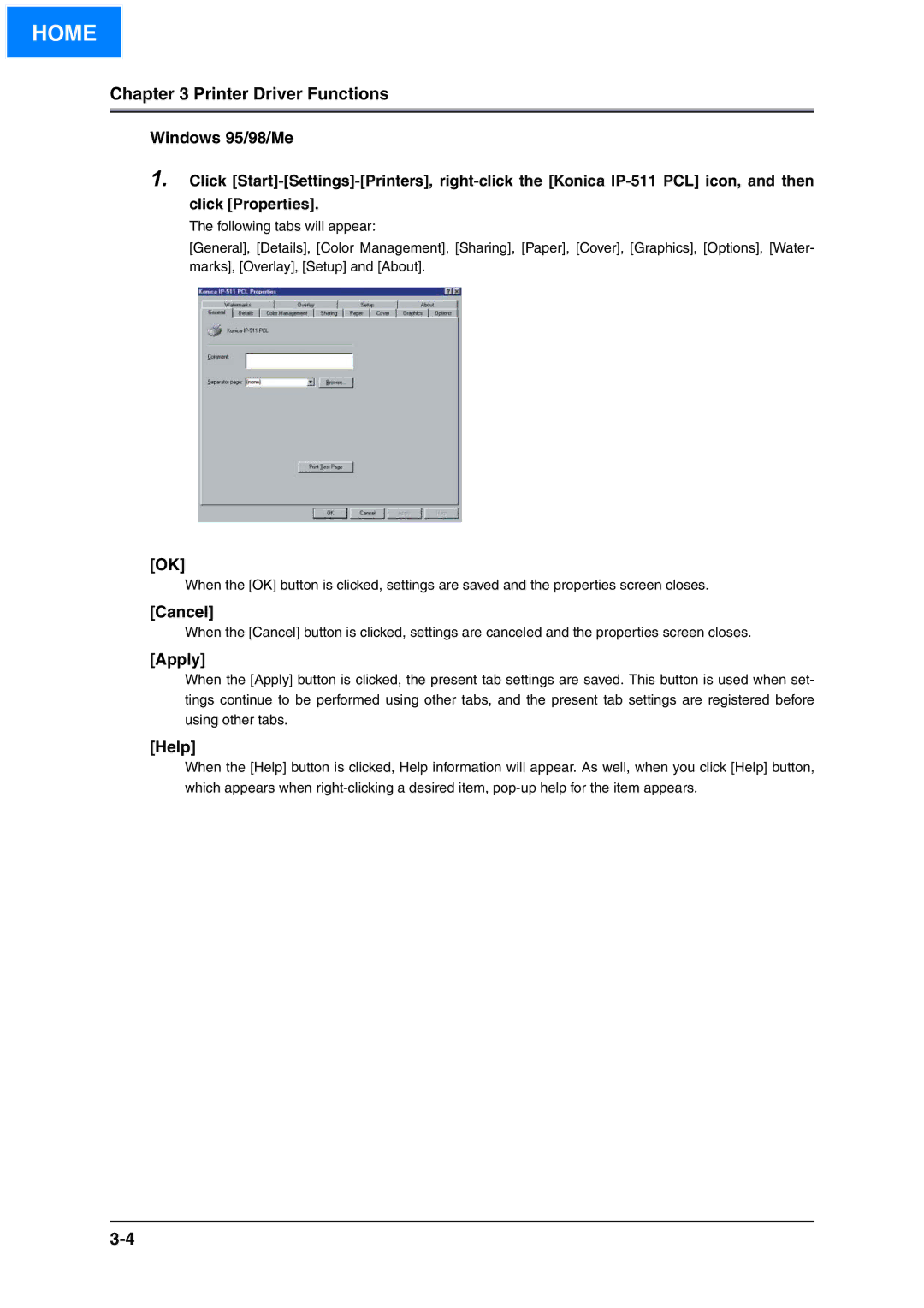 Konica Minolta IP-511 manual Windows 95/98/Me, Cancel, Apply, Help 