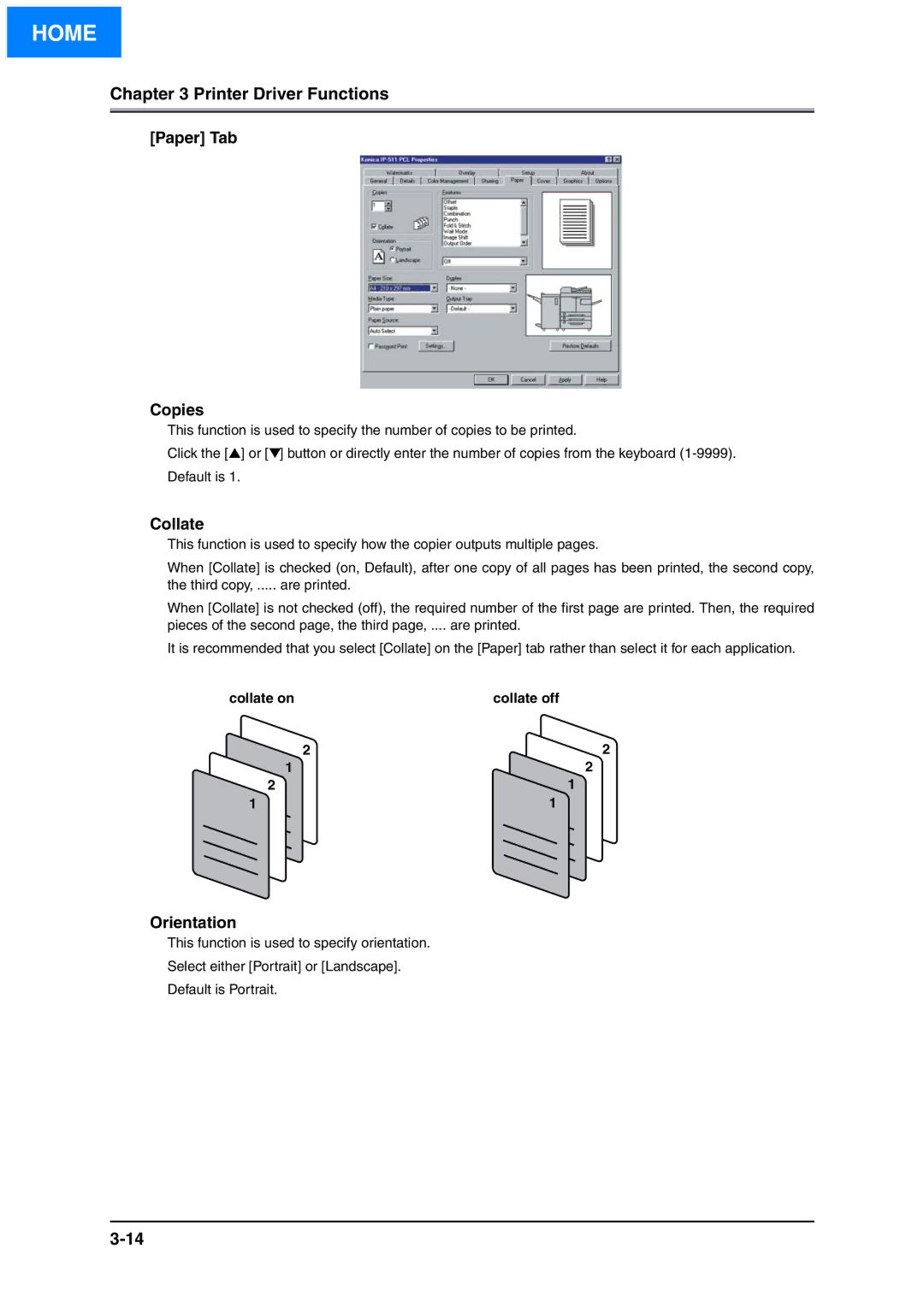 Konica Minolta IP-511 manual Paper Tab Copies, Collate, Orientation 